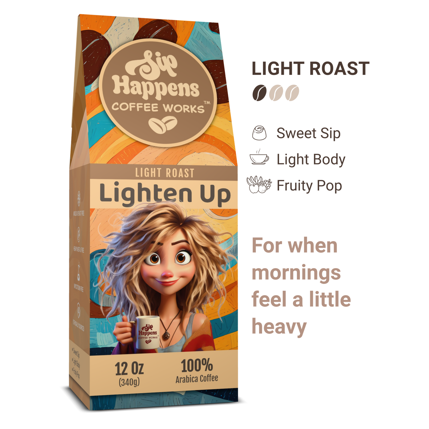 Coffee bag from 'Sip Happens Coffee Works' with a character holding a coffee cup on a white background