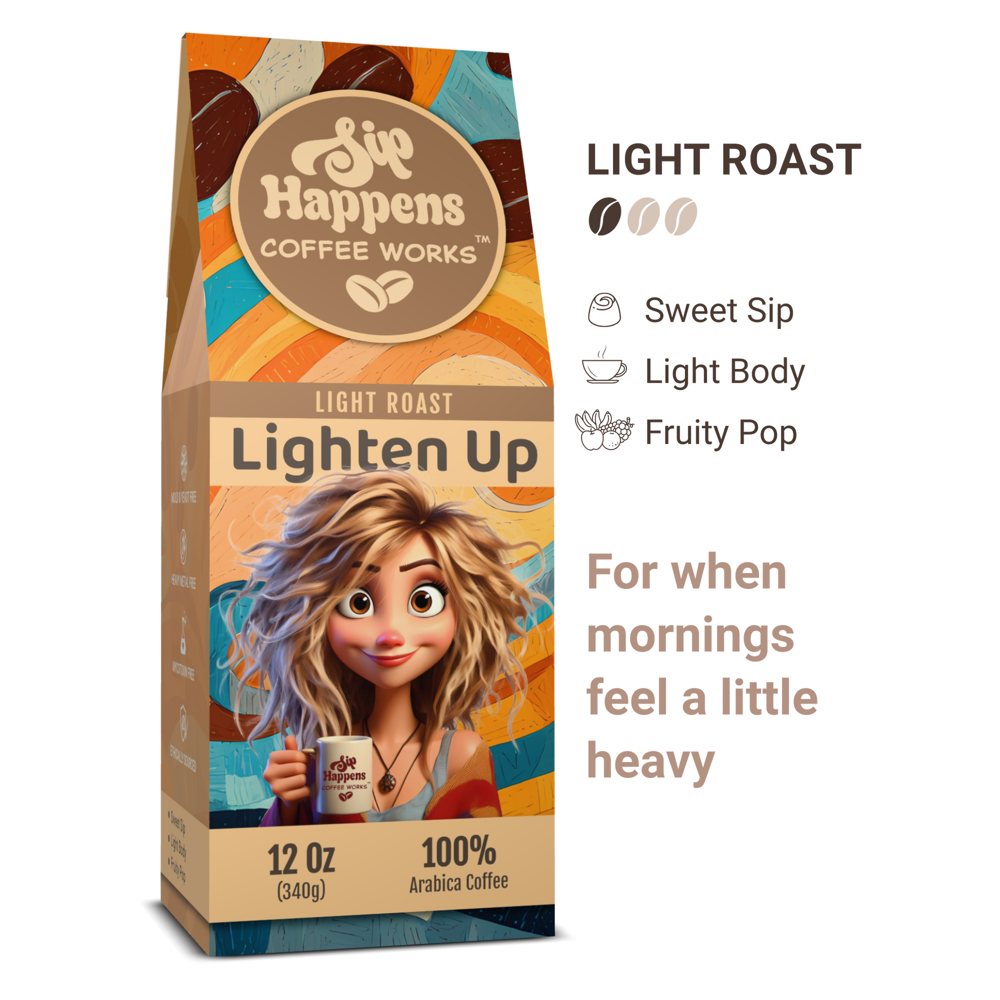 Coffee bag from 'Sip Happens Coffee Works' with a character holding a coffee cup on a white background