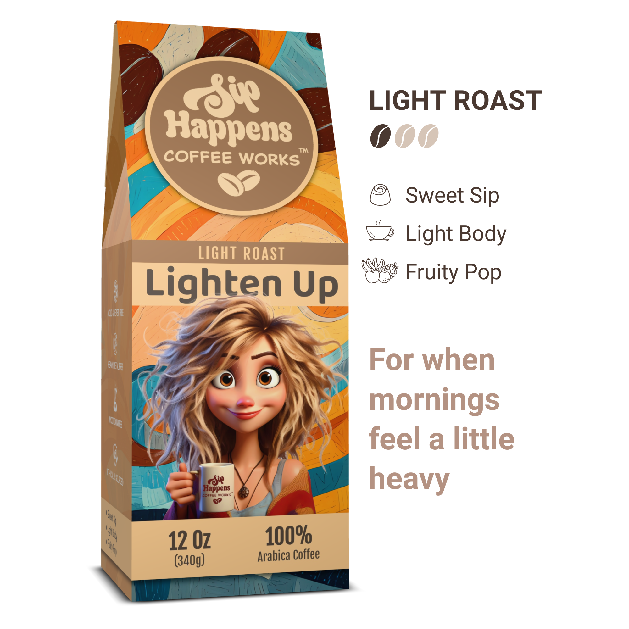 Coffee bag from 'Sip Happens Coffee Works' with a character holding a coffee cup on a white background