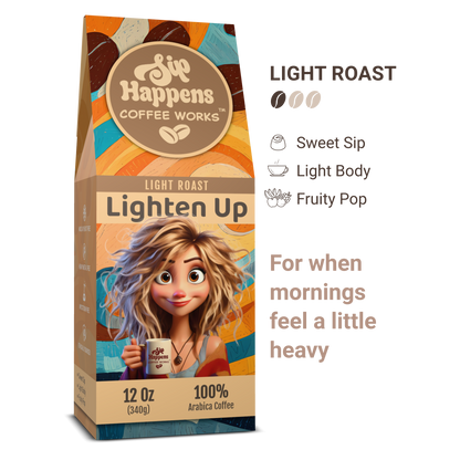 Coffee bag from 'Sip Happens Coffee Works' with a character holding a coffee cup on a white background