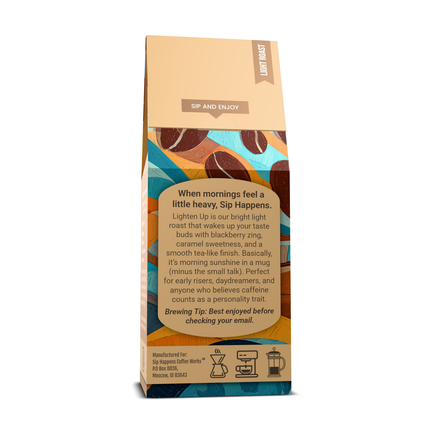 Coffee bag from 'Sip Happens Coffee Works' with a character holding a coffee cup on a white background