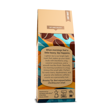 Coffee bag from 'Sip Happens Coffee Works' with a character holding a coffee cup on a white background