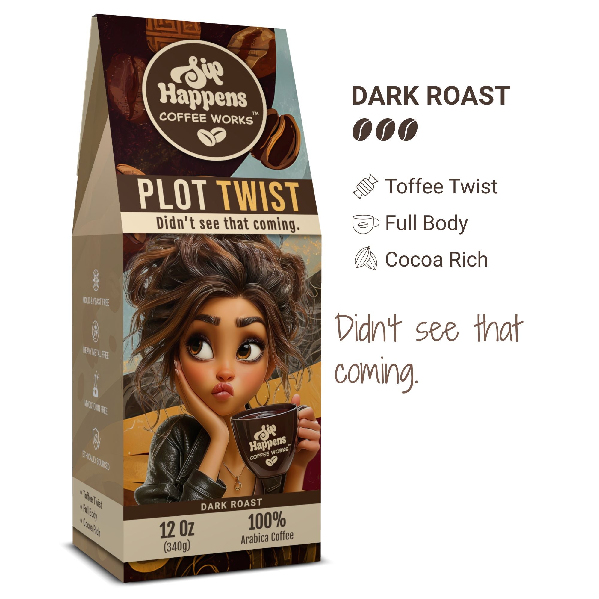 Plot Twist bag | Plot Twist dark roast coffee bag, Sip Happens 