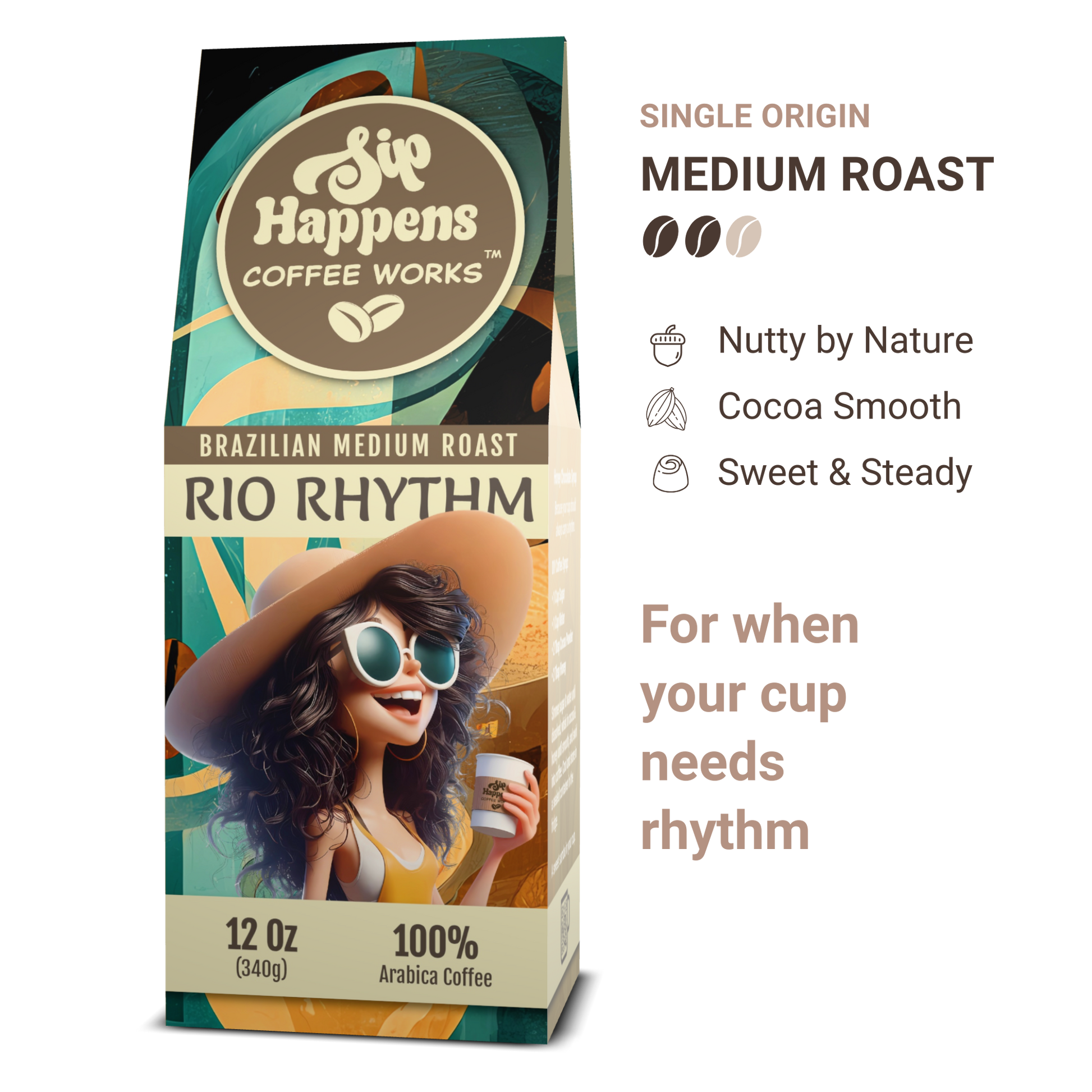 Coffee package with a woman holding a coffee cup, labeled 'Sip Happens Coffee Works Rio Rhythm'.