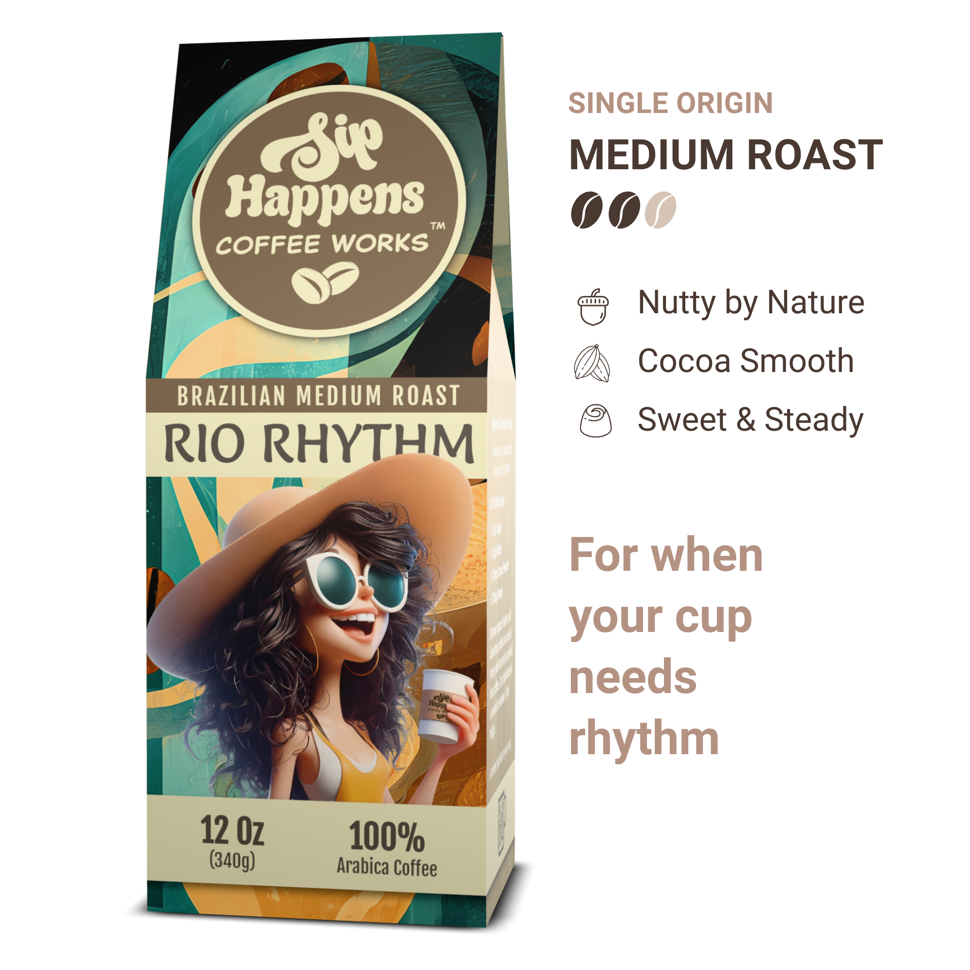 Coffee package with a woman holding a coffee cup, labeled 'Sip Happens Coffee Works Rio Rhythm'.