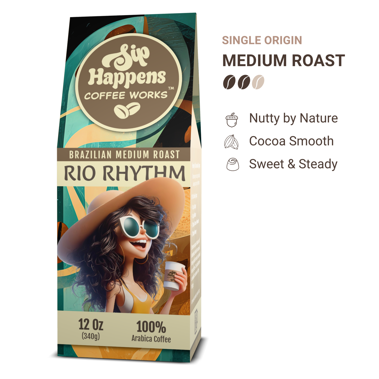 Coffee package with a woman in a hat and sunglasses holding a coffee cup, featuring 'Sip Happens Coffee Works' branding.