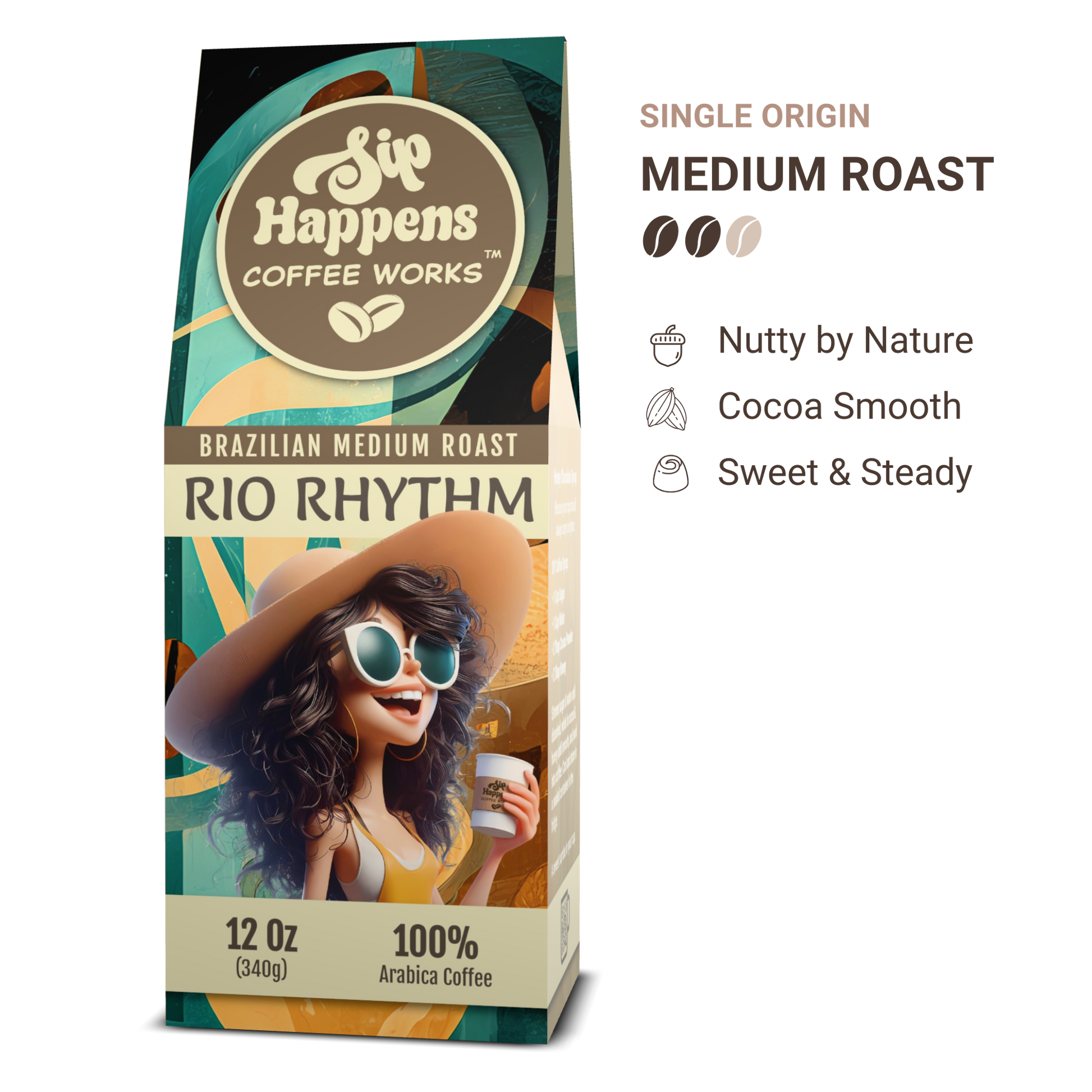 Coffee package with a woman in a hat and sunglasses holding a coffee cup, featuring 'Sip Happens Coffee Works' branding.