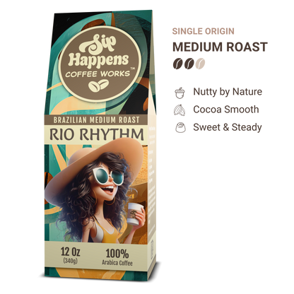 Coffee package with a woman in a hat and sunglasses holding a coffee cup, featuring 'Sip Happens Coffee Works' branding.