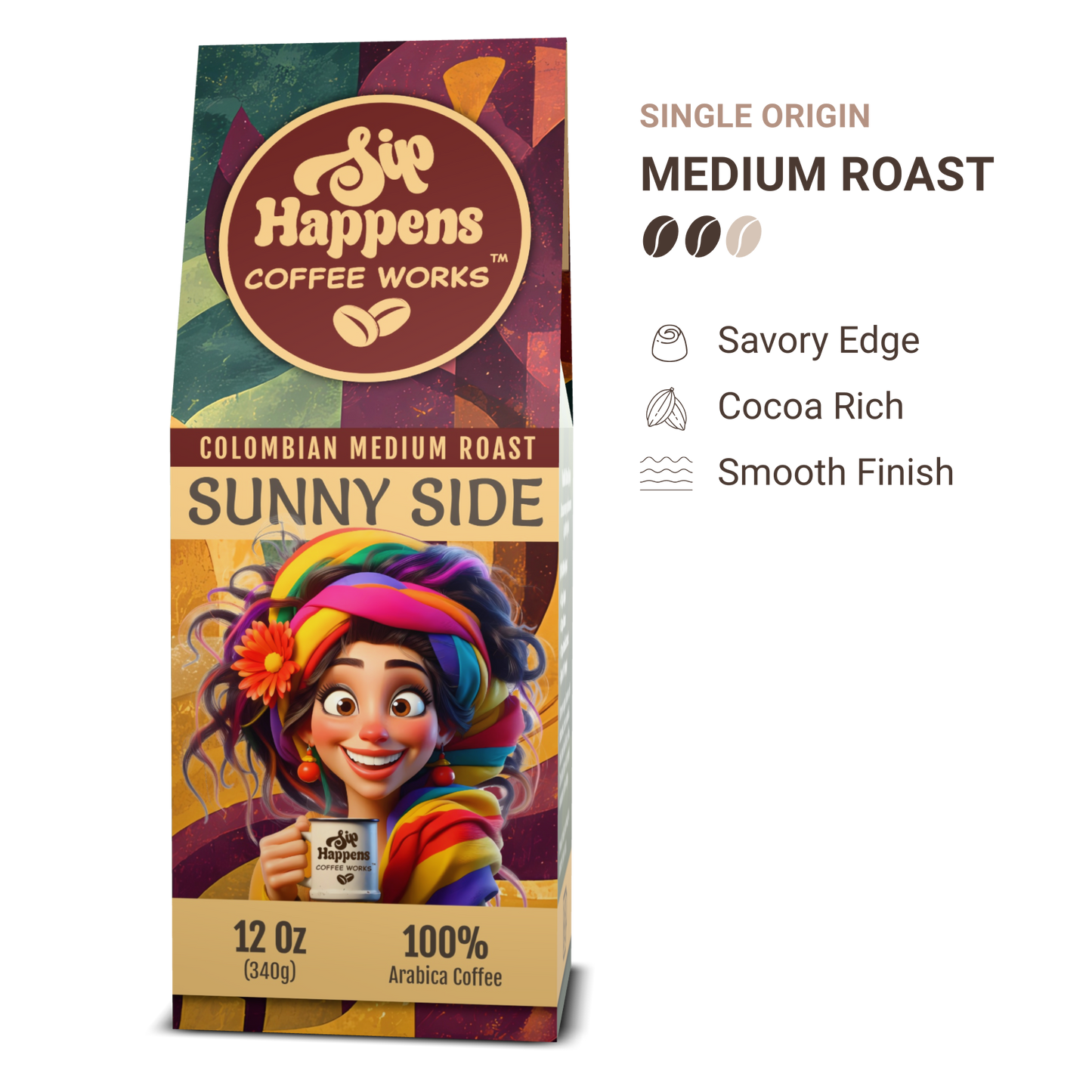 Coffee package with colorful design and character holding a mug, featuring 'Sip Happens Coffee Works' branding.