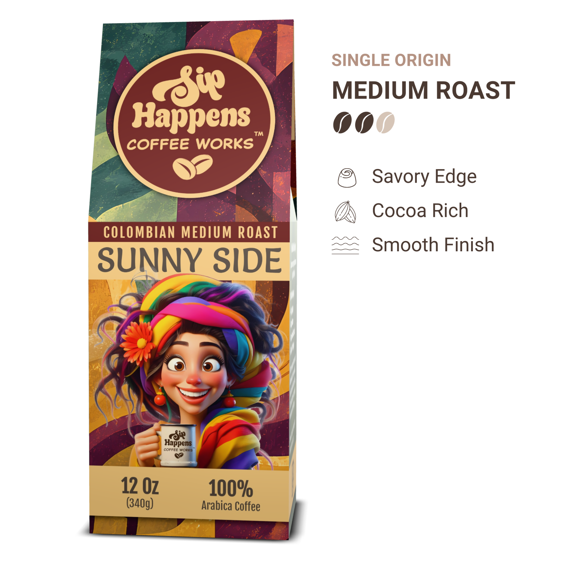 Coffee package with colorful design and character holding a mug, featuring 'Sip Happens Coffee Works' branding.