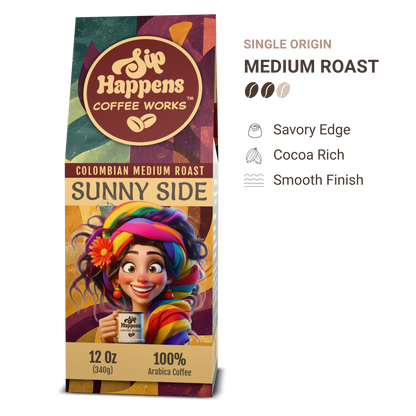 Coffee package with colorful design and character holding a mug, featuring 'Sip Happens Coffee Works' branding.
