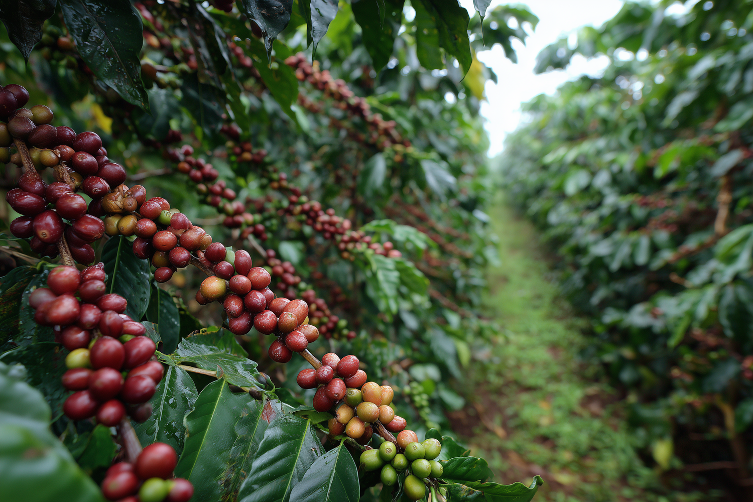 Coffee berries on a tree with green leaves in the background