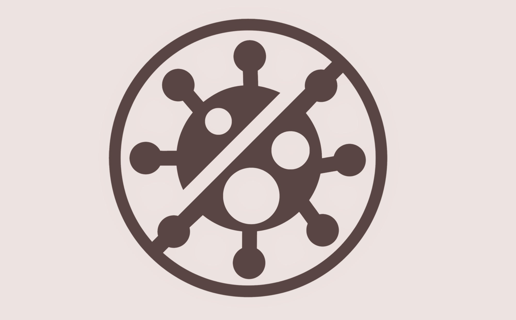Circular icon with a virus symbol and a line through it on a beige background