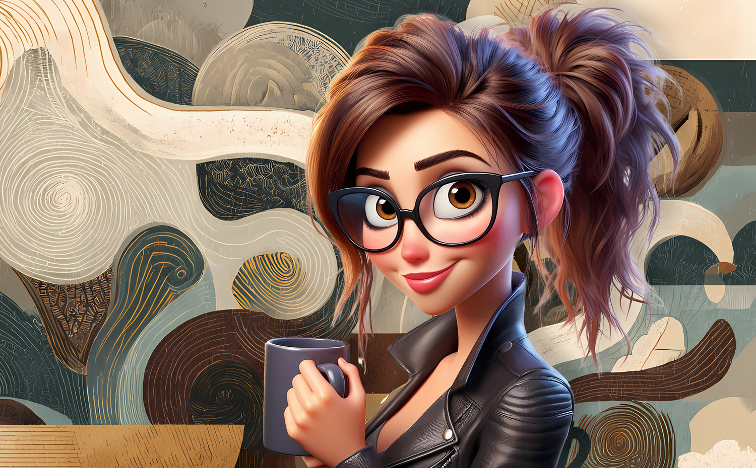 Animated character with glasses holding a mug against an abstract background