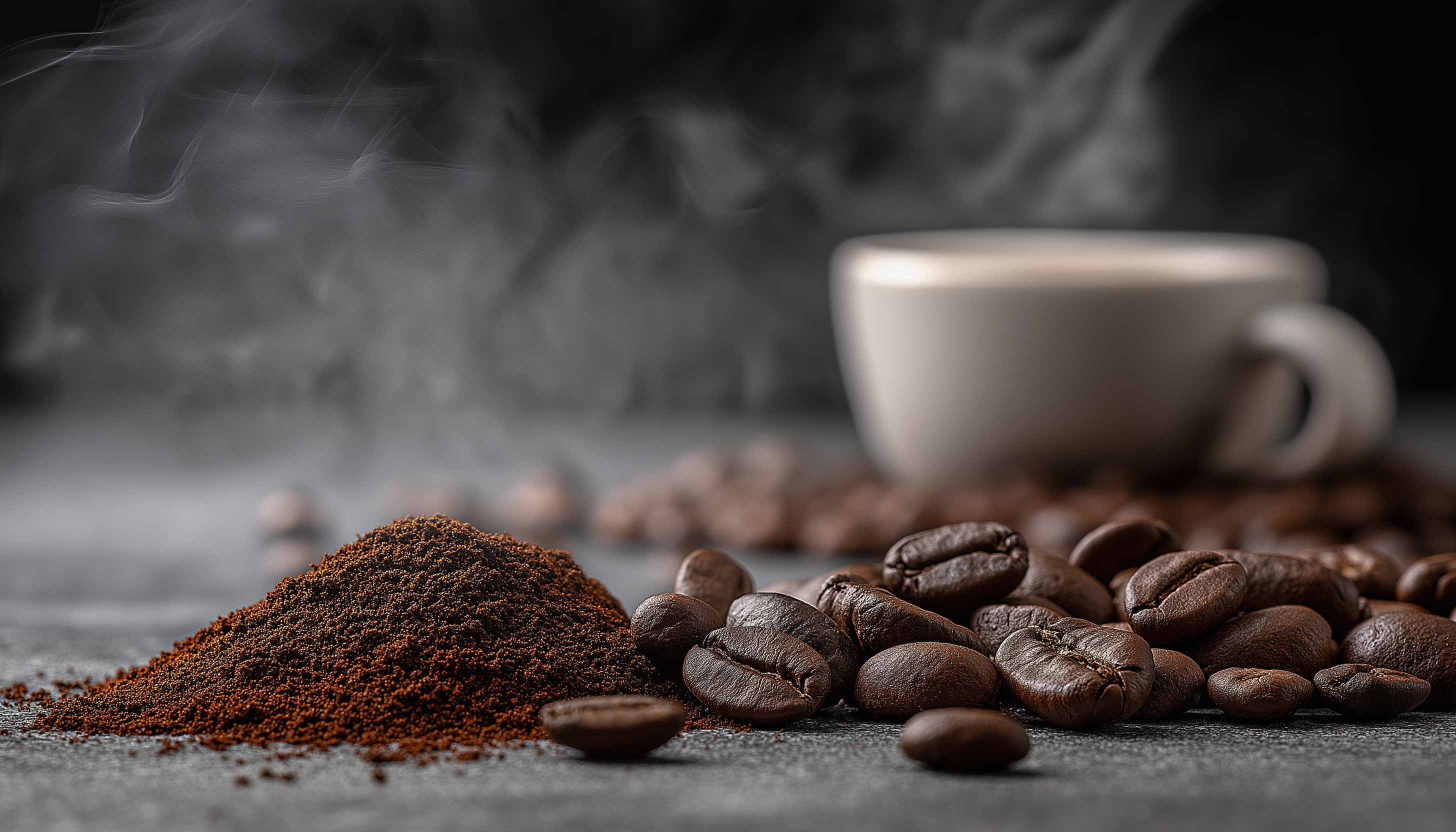 Coffee beans, ground coffee, and a steaming cup on a dark surface