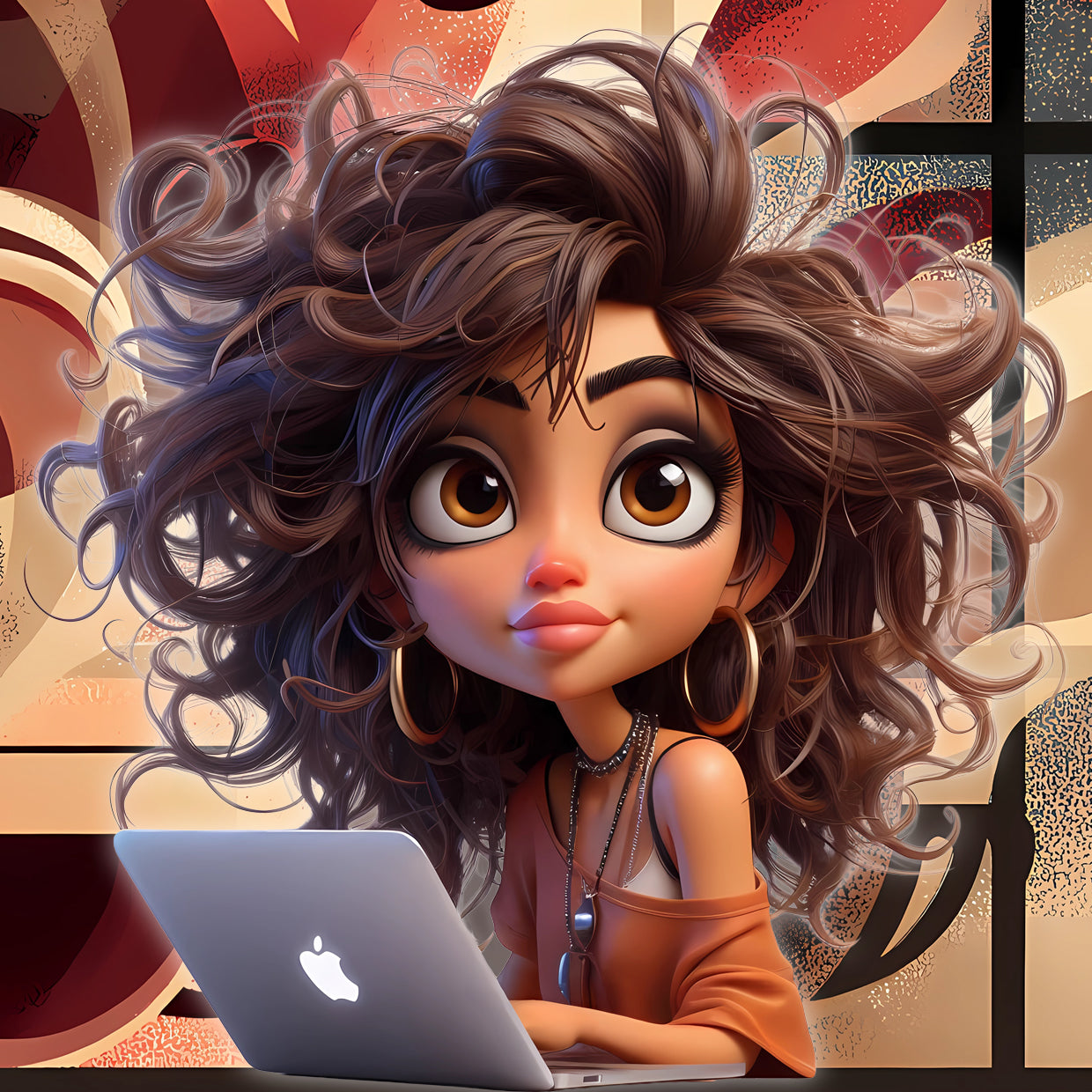 Cartoon character with curly hair using a laptop in a colorful setting