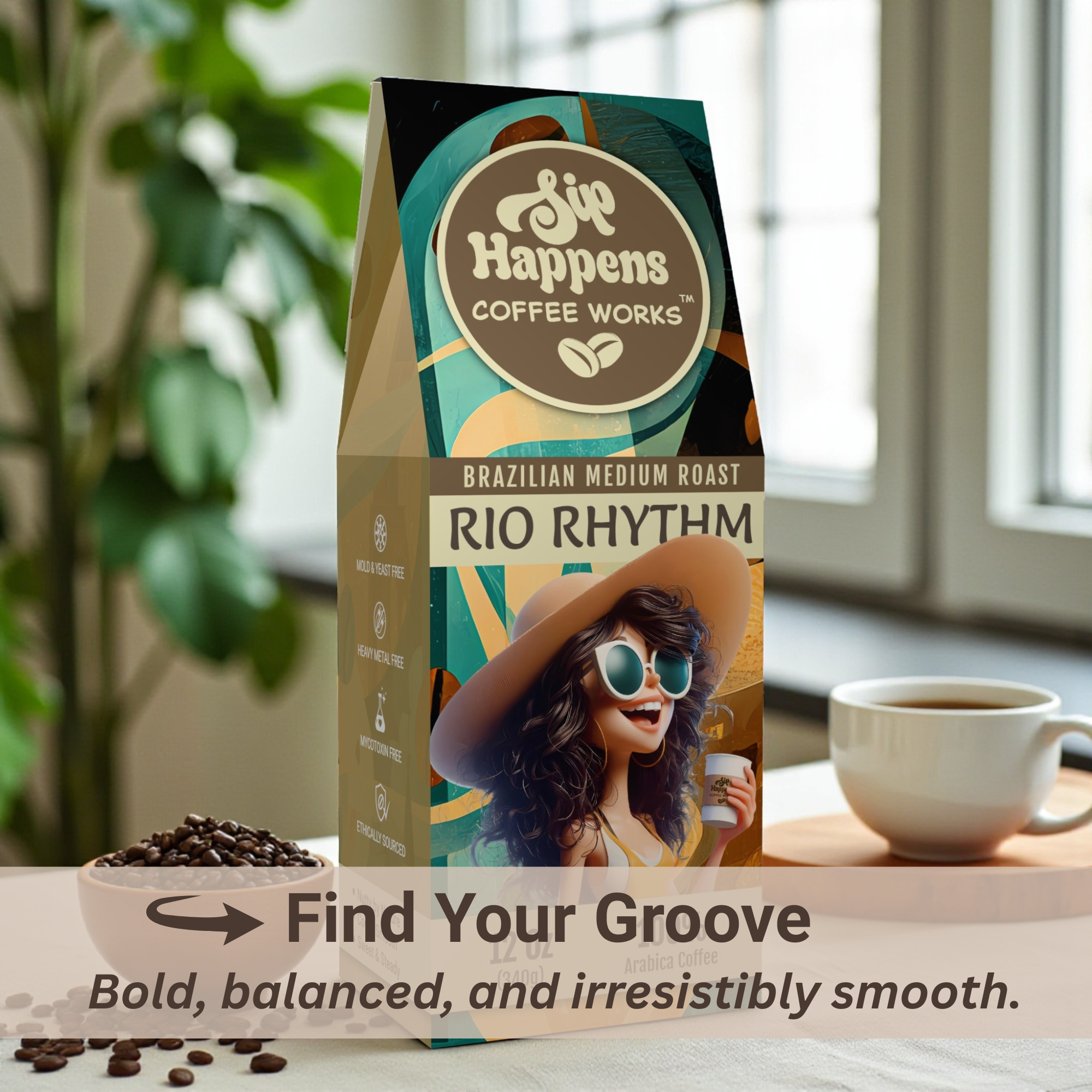 Coffee package with a woman's face on it, surrounded by coffee beans and a cup, with a blurred indoor background.