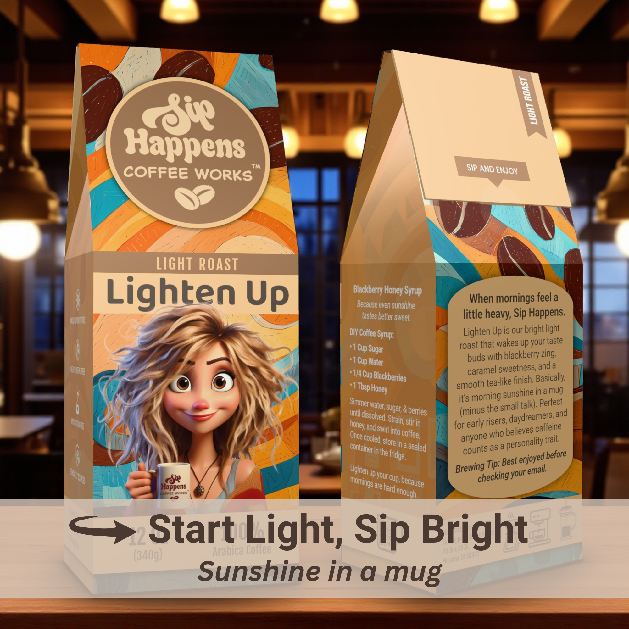 Two coffee packages from 'Sip Happens Coffee Works' on a wooden surface with a blurred indoor background.