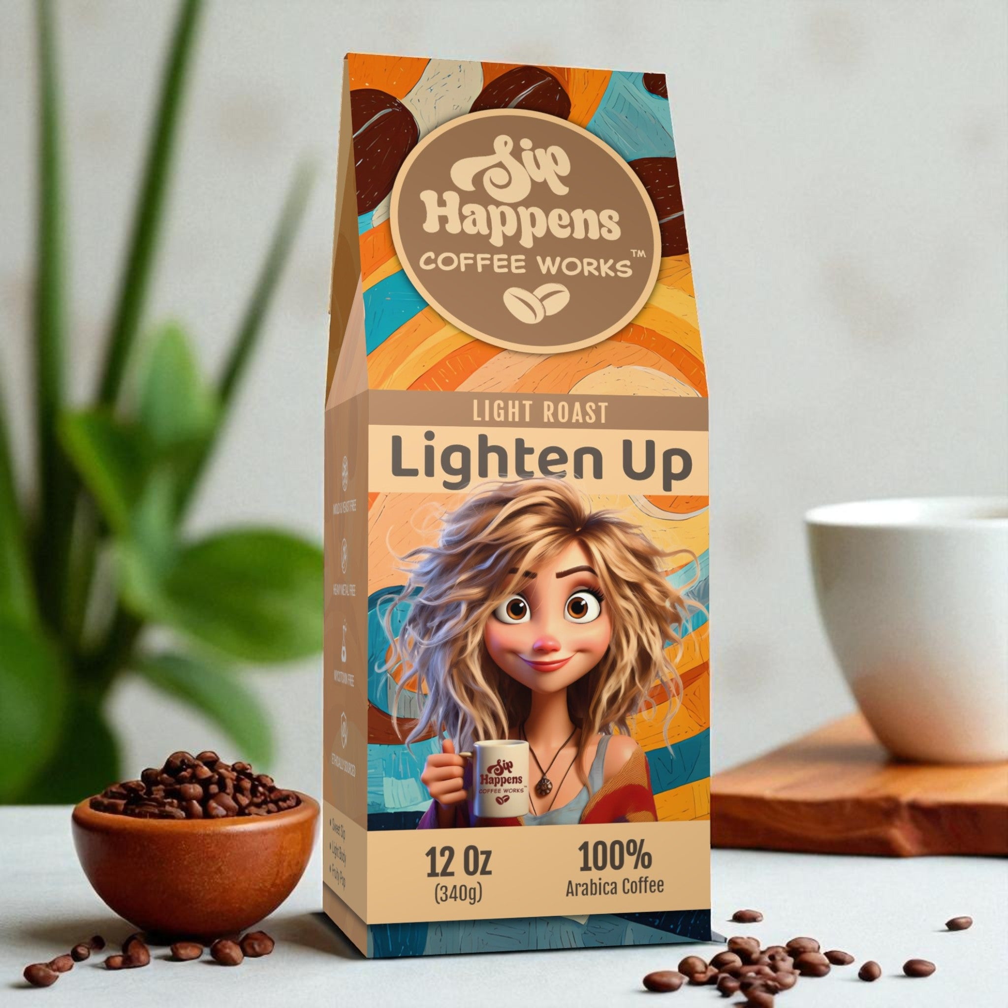 Coffee package with a character design and coffee beans on a light background