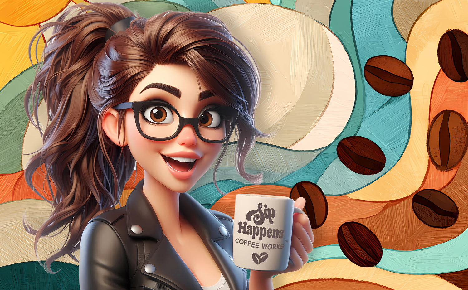 Cartoon woman holding a coffee mug with coffee beans and colorful background