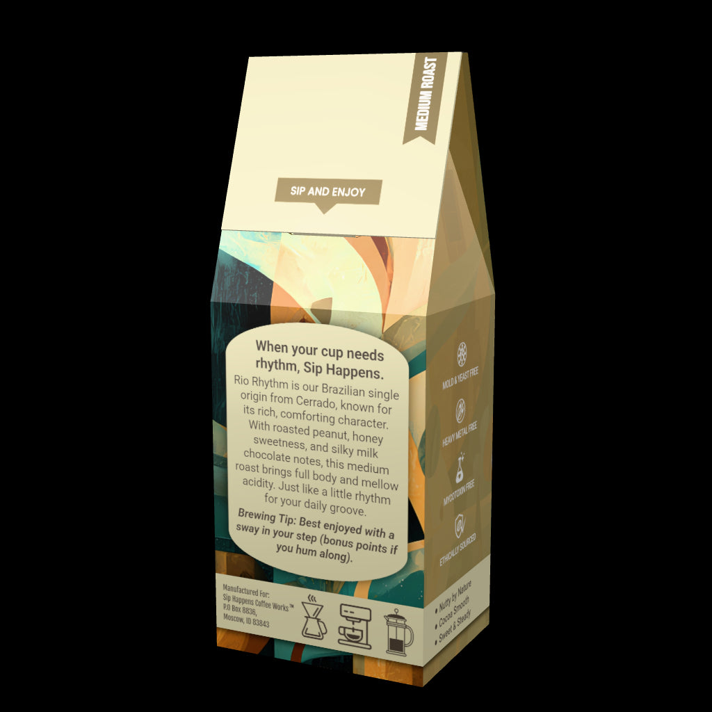 Coffee bag from 'Sip Happens Coffee Works' with a character holding a coffee cup on a white background
