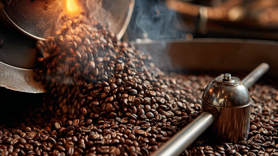 Coffee beans being roasted in a coffee roaster with smoke and heat visible.