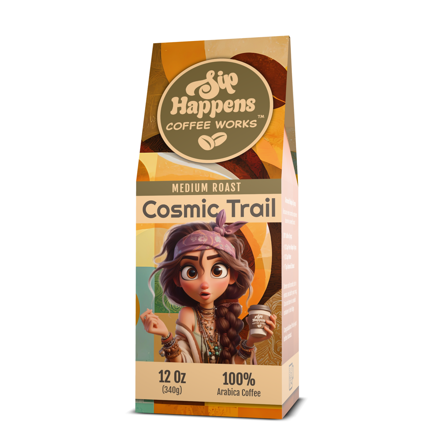 Coffee package with a character holding a coffee cup on a white background