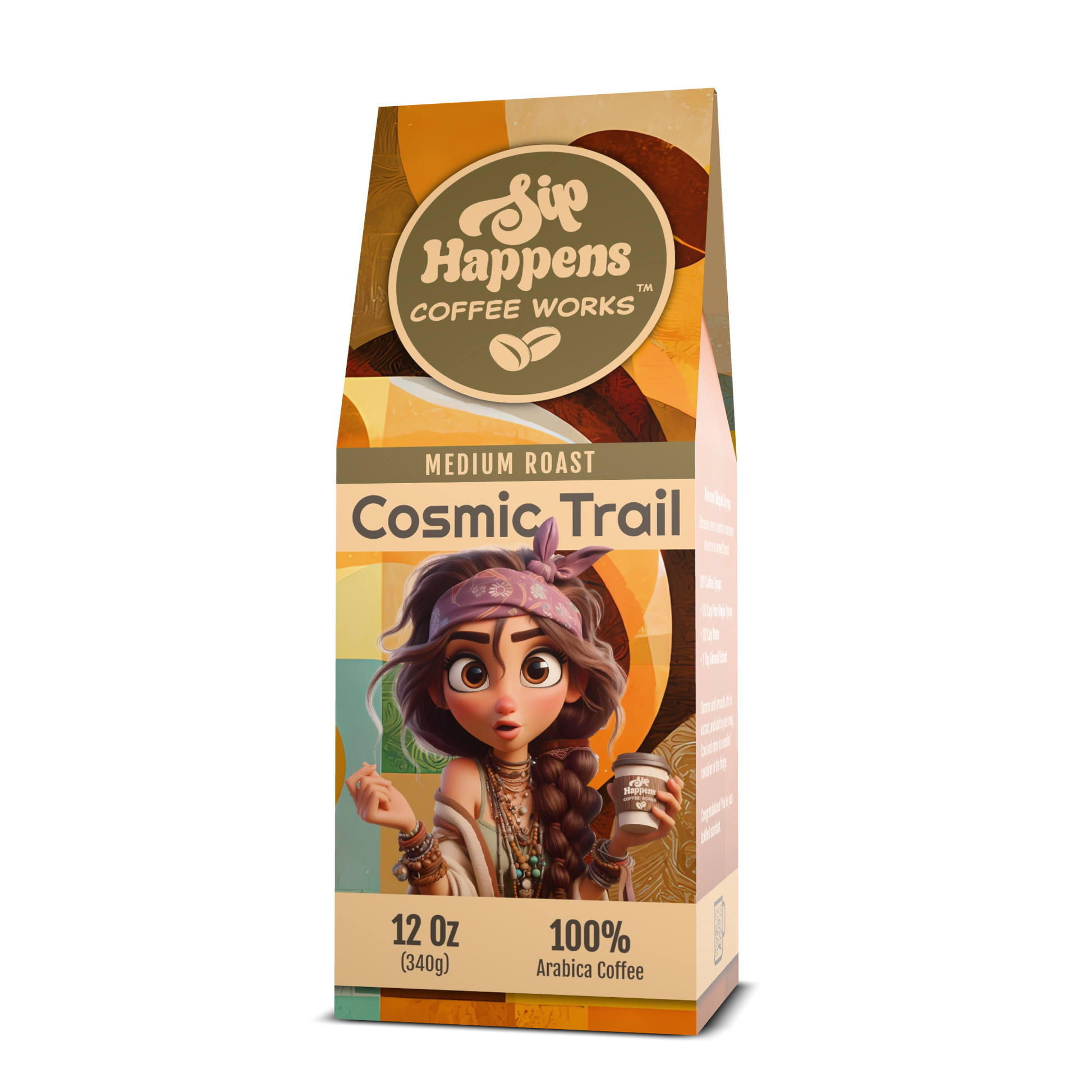 Coffee package with a character holding a coffee cup on a white background