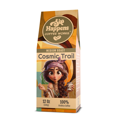 Coffee package with a character holding a coffee cup on a white background