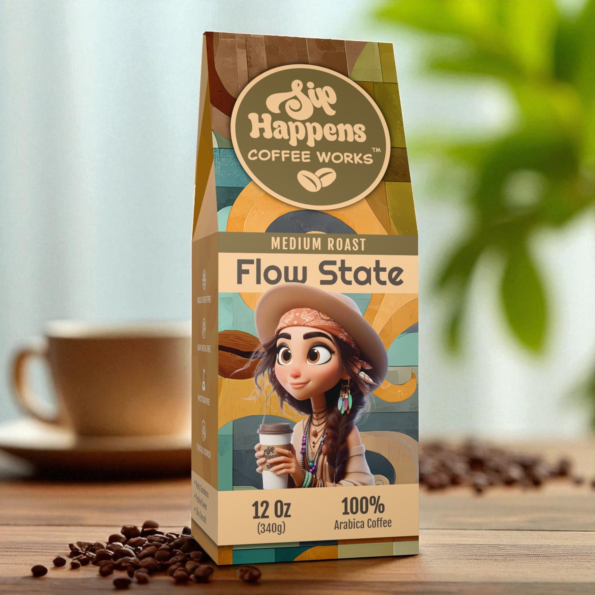 Coffee package labeled 'Sip Happens Coffee Works' with a character holding a coffee cup on a wooden surface with coffee beans.