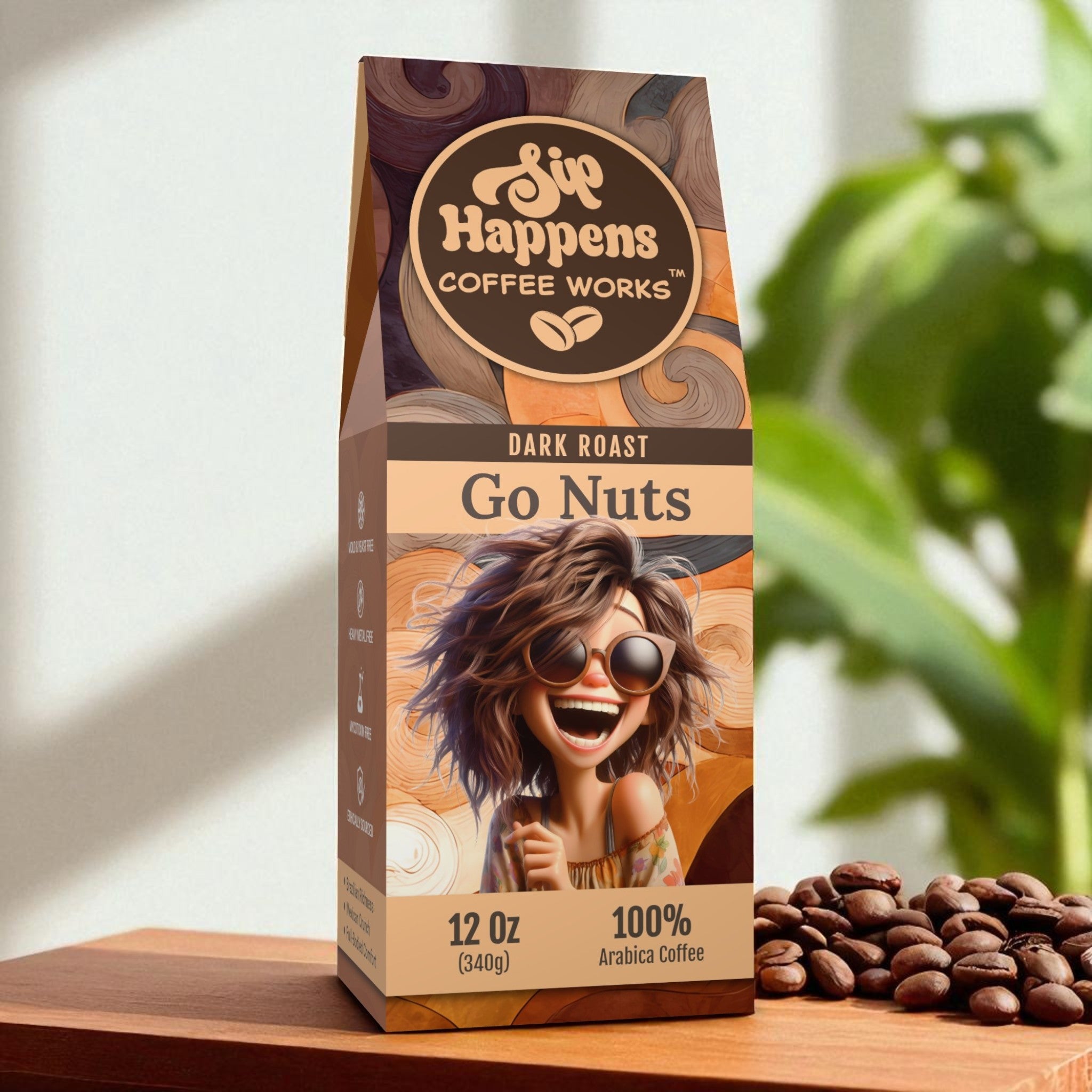 Coffee package with a person and coffee beans on a wooden surface