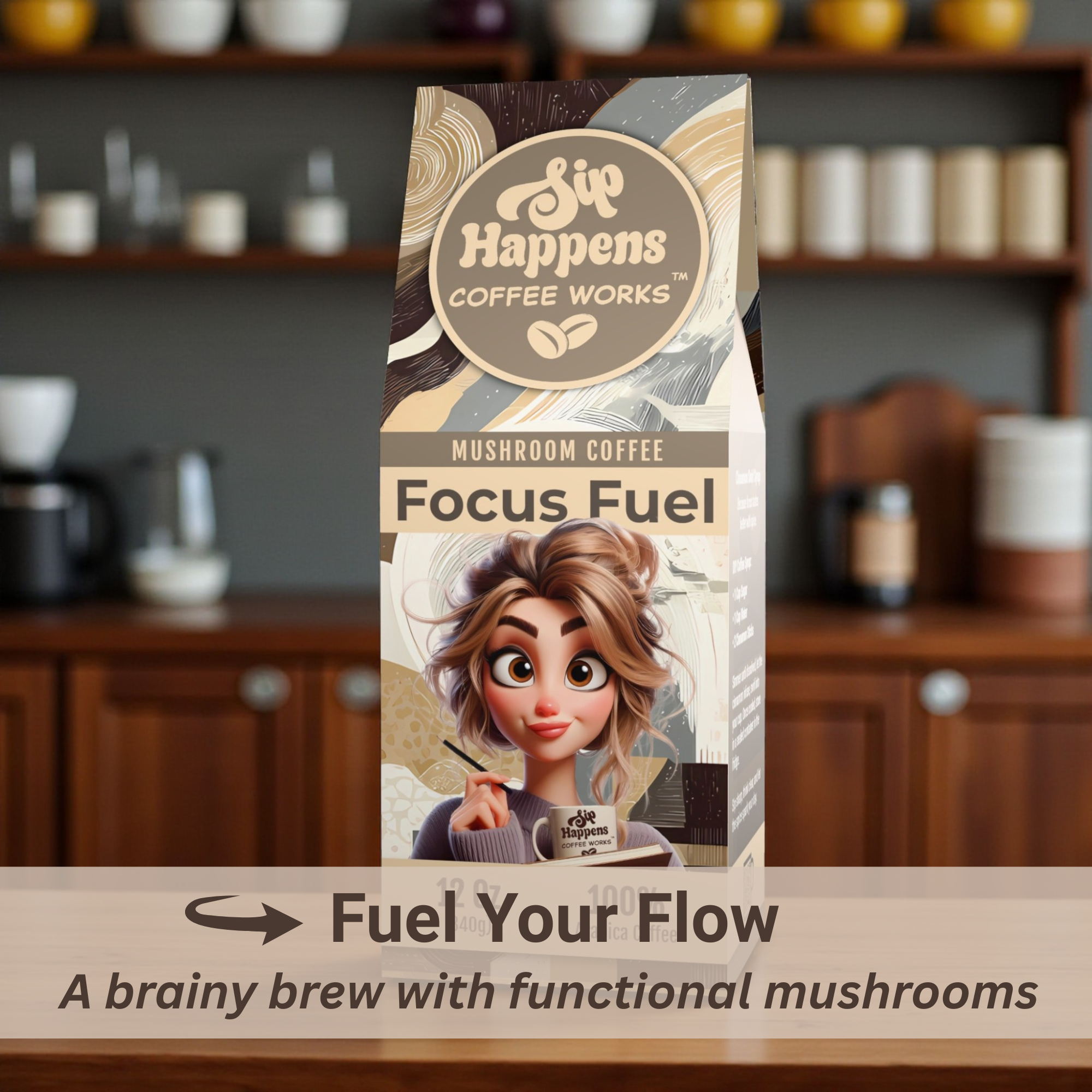 Mushroom coffee package with cartoon character on a kitchen counter