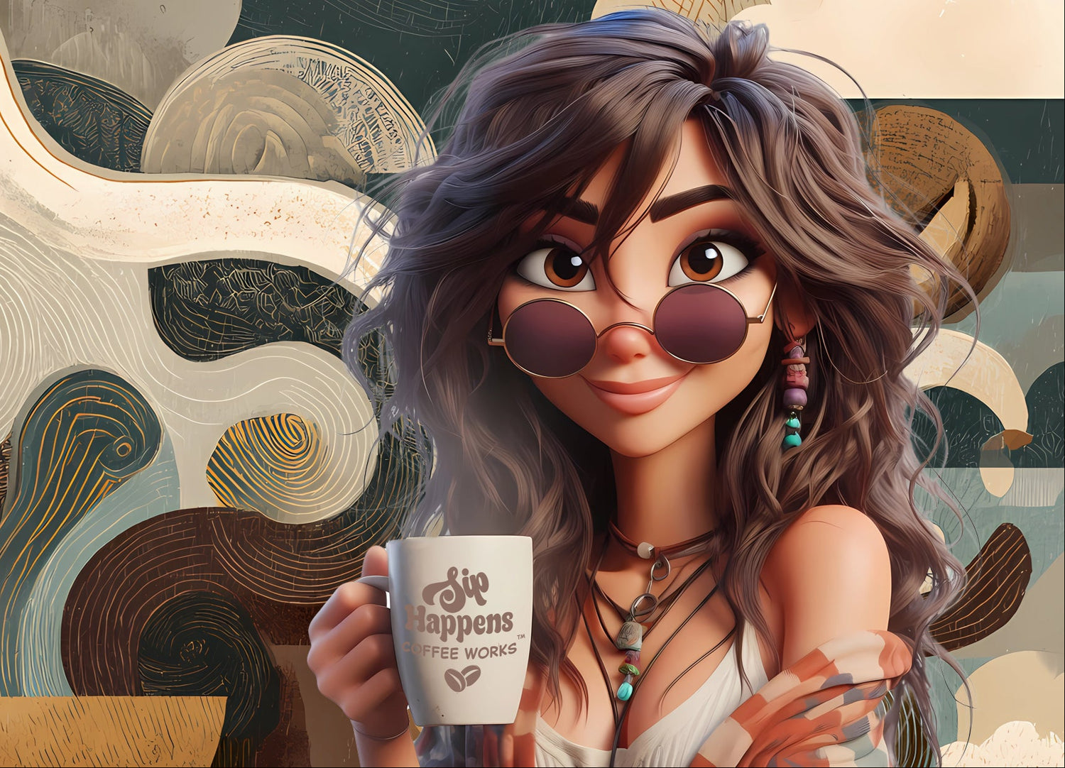 Animated character holding a coffee mug with abstract patterns in the background