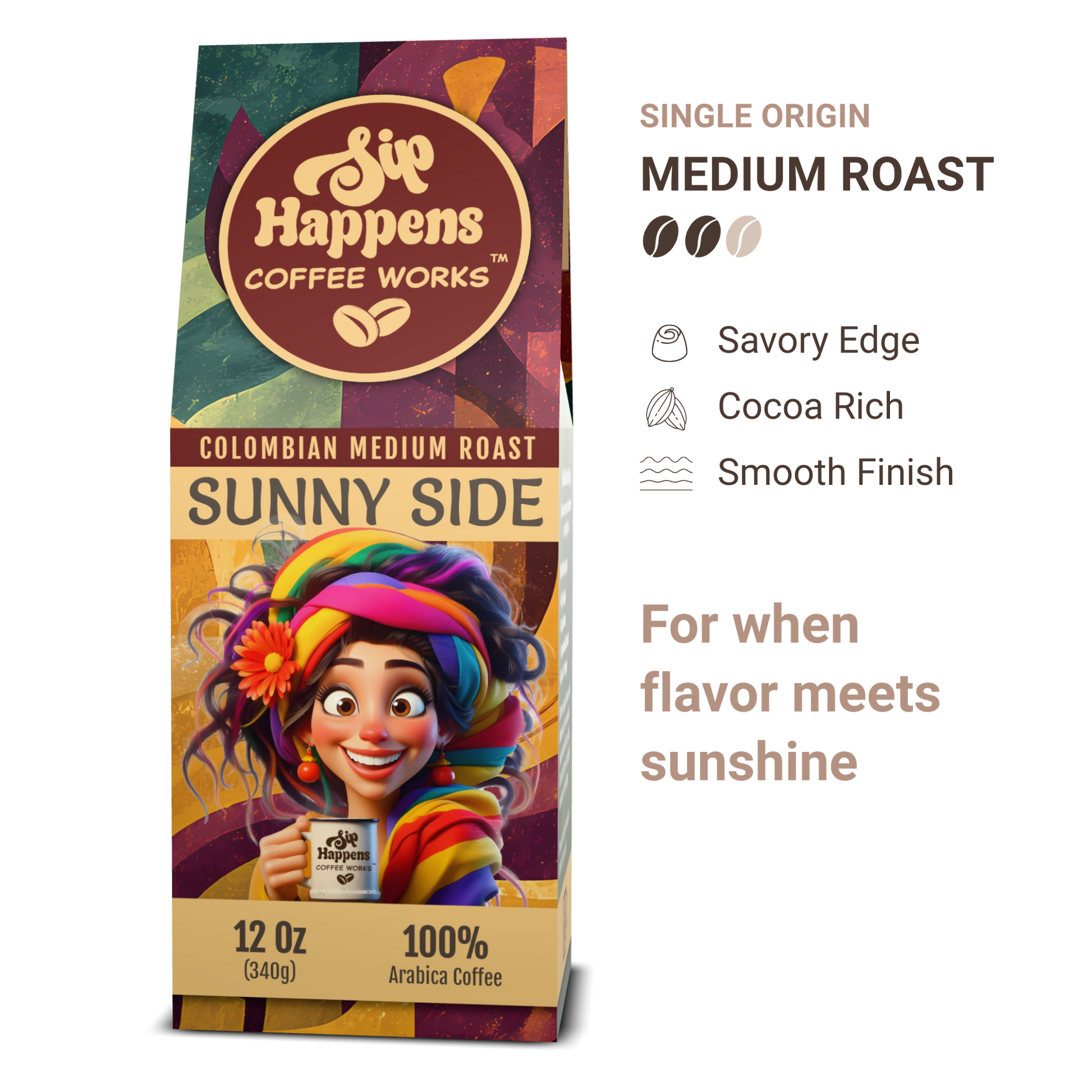 Coffee package with colorful design and character holding a coffee cup, labeled 'Sip Happens Coffee Works'.