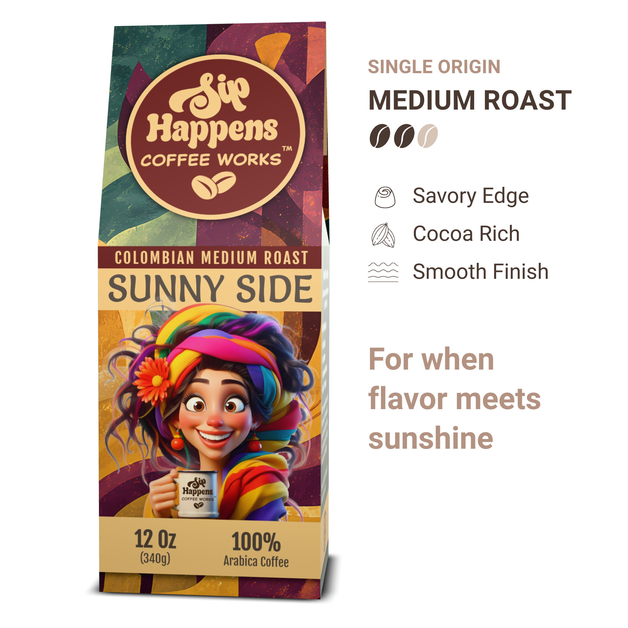 Coffee package with colorful design and character holding a coffee cup, labeled 'Sip Happens Coffee Works'.