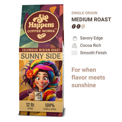 Coffee package with colorful design and character holding a coffee cup, labeled 'Sip Happens Coffee Works'.