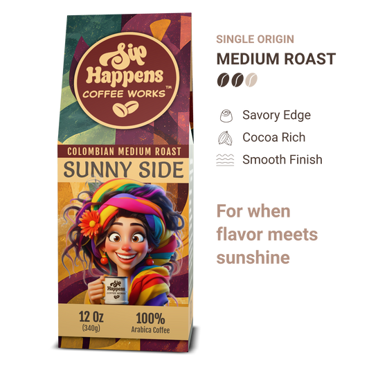 Coffee package with colorful design and character holding a coffee cup, labeled 'Sip Happens Coffee Works'.